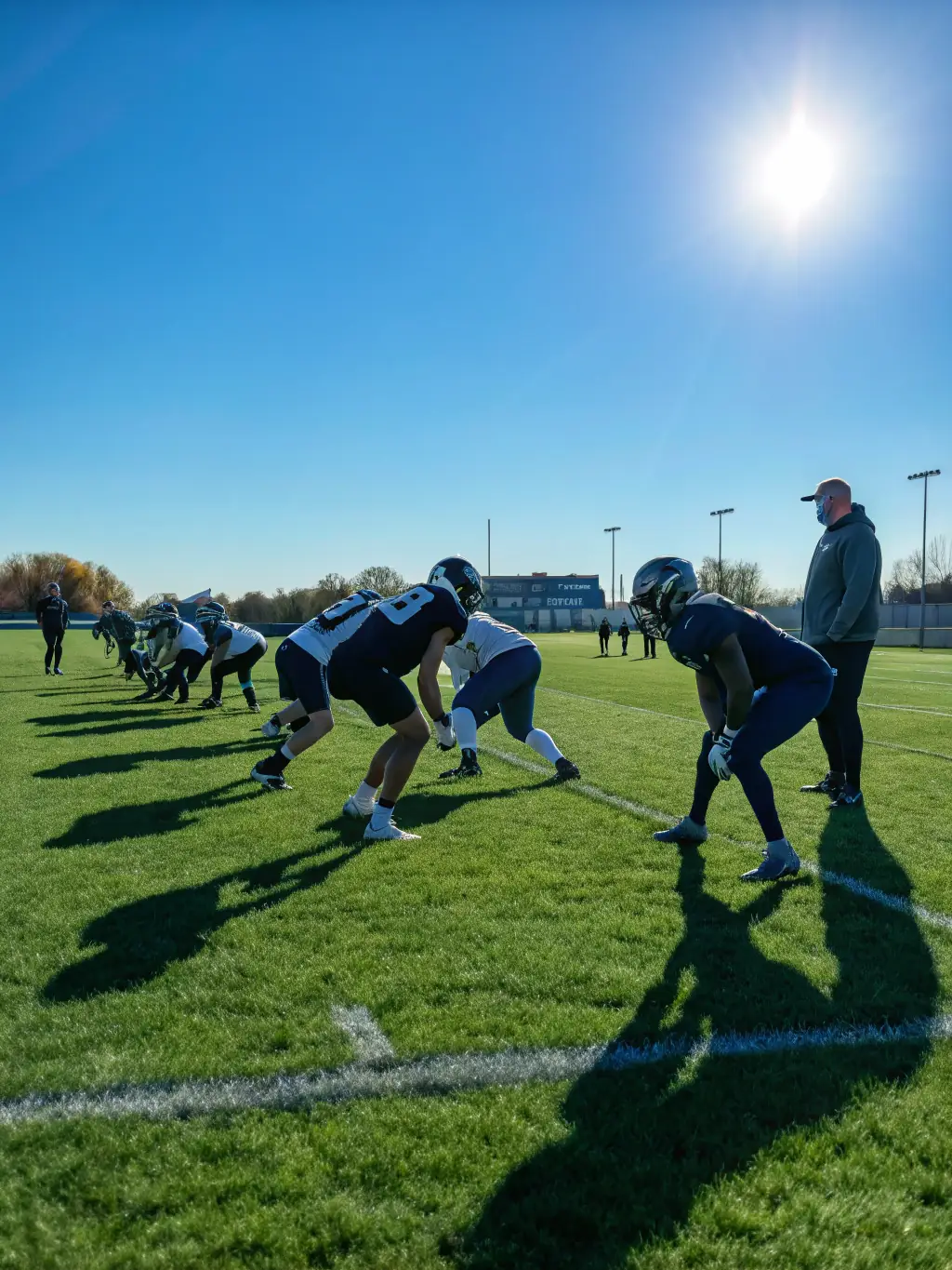 A focused image of adult players participating in an advanced football training session at USM SPORT MONTENDRAISE FOOT, emphasizing tactical drills, physical conditioning, and strategic game planning.