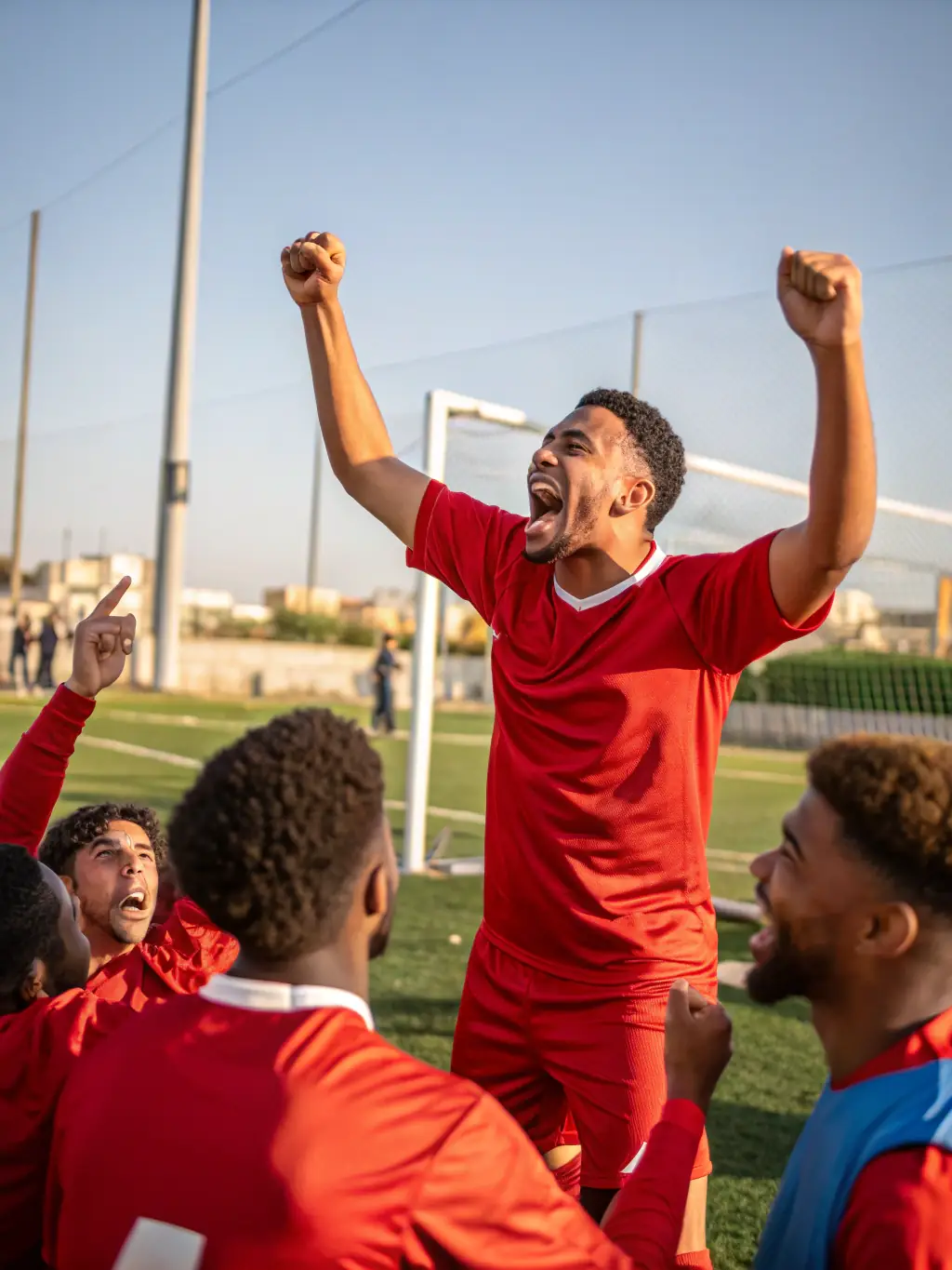 A group of young football players celebrating a goal during a match, wearing USM SPORT MONTENDRAISE FOOT jerseys, showcasing the excitement and camaraderie of the team.