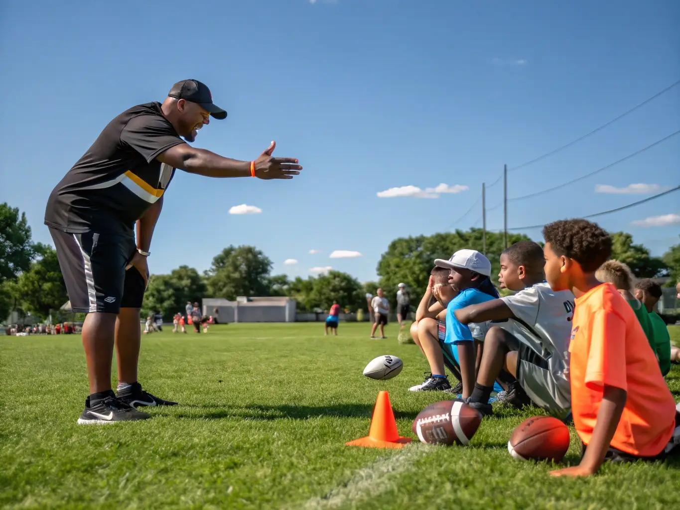 A focused image of a coach demonstrating a specific football technique to a player, emphasizing precision and skill development.