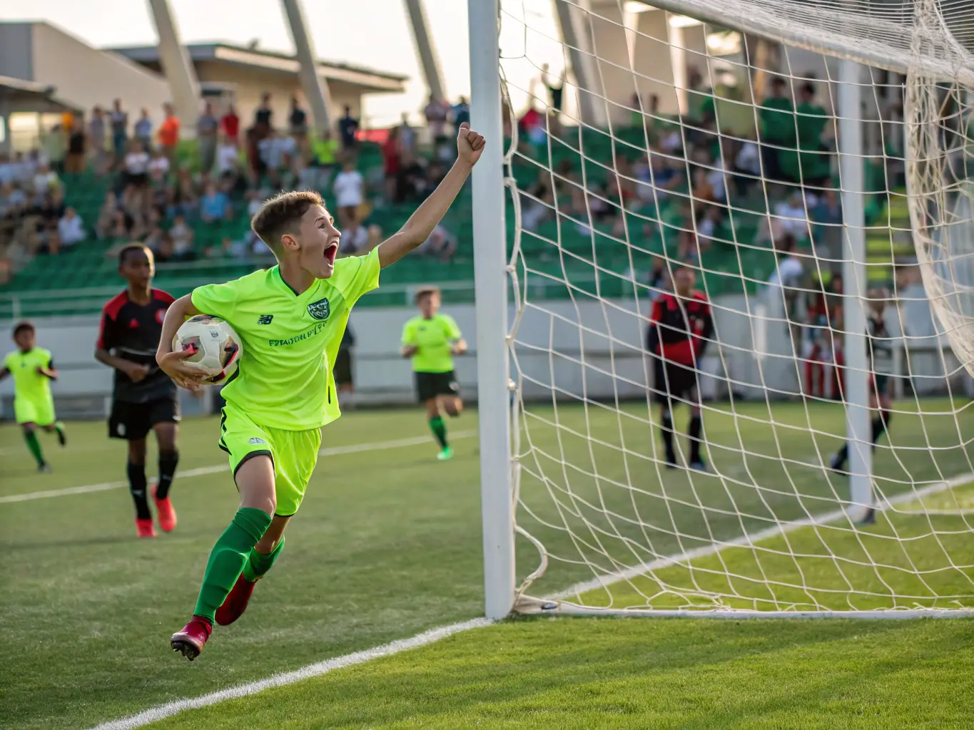 A group of players celebrating a goal during a match, capturing the excitement and camaraderie of team sports.