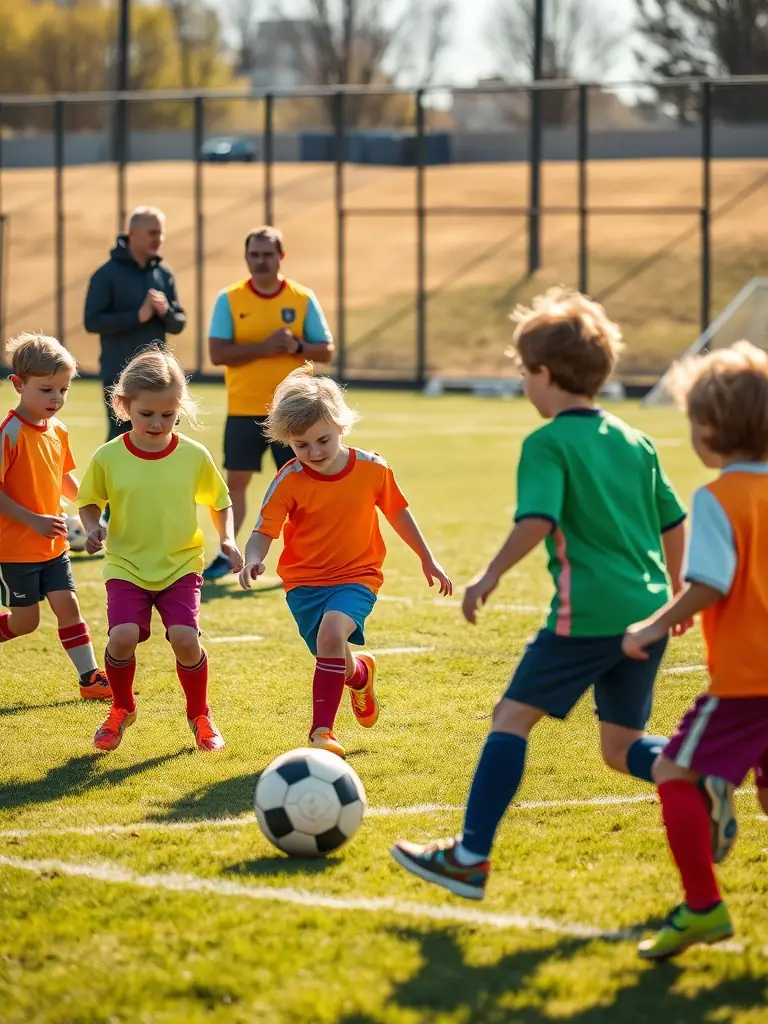 A dynamic action shot of young children participating in a fundamental football skills training session at USM SPORT MONTENDRAISE FOOT, focusing on dribbling and ball control, set against a backdrop of supportive coaches and vibrant training equipment.