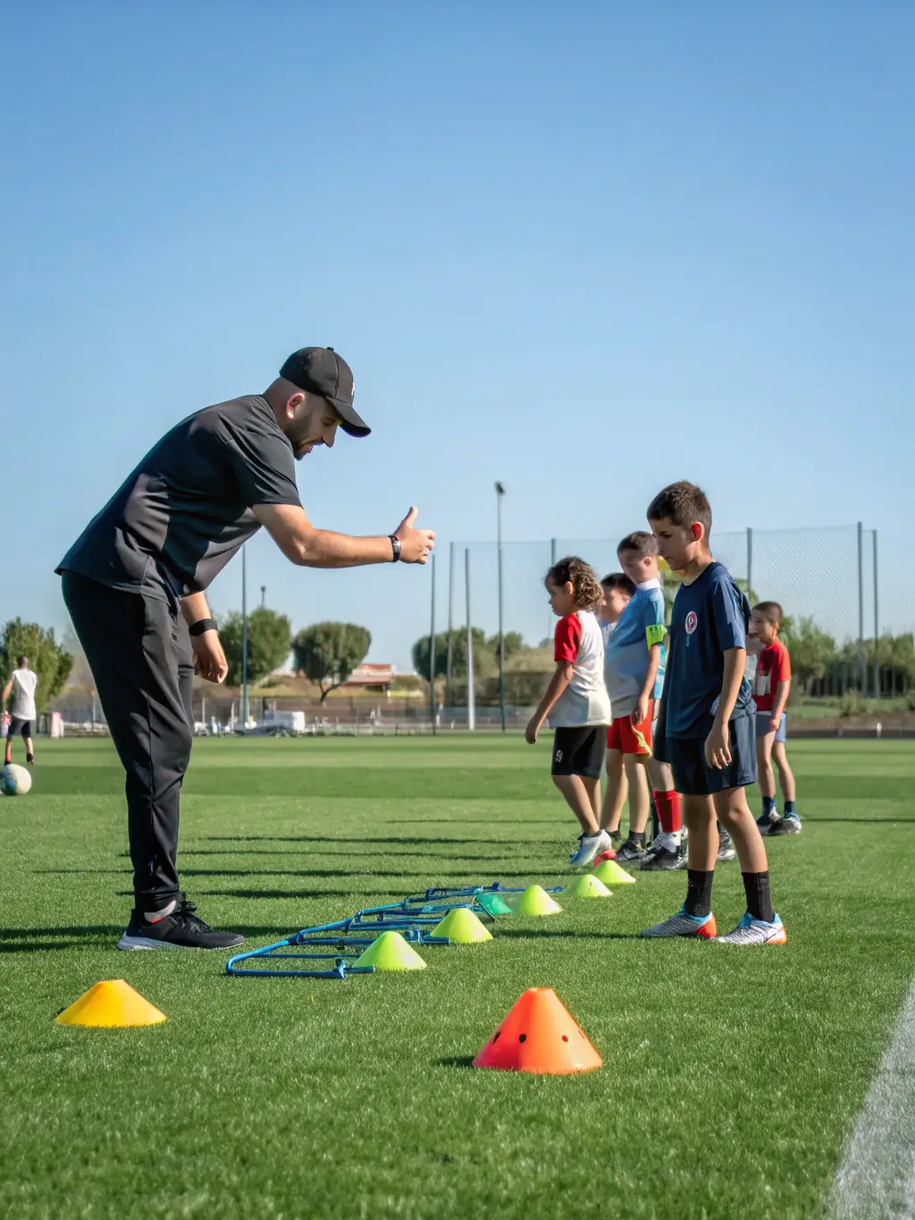A coach guiding players through a drill during a training session, emphasizing skill development and tactical understanding at USM SPORT MONTENDRAISE FOOT.