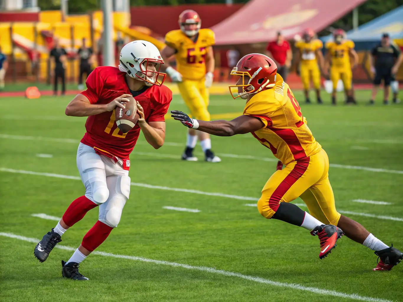 A dynamic shot of young football players in action during a training session, showcasing their energy and enthusiasm, with a coach providing guidance in the background.